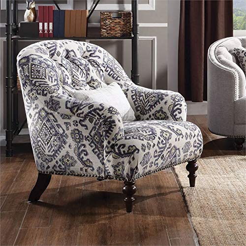 Acme Saira Tufted Accent Chair with 1 Pillow in Light Gray and Blue Fabric