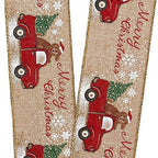 Truck Dog Merry Christmas Ribbon - 2 1/2' X 10 Yards, Wired Edge, Natural Ribbon, Red Truck With Dog & Christmas Tree, Wreath,