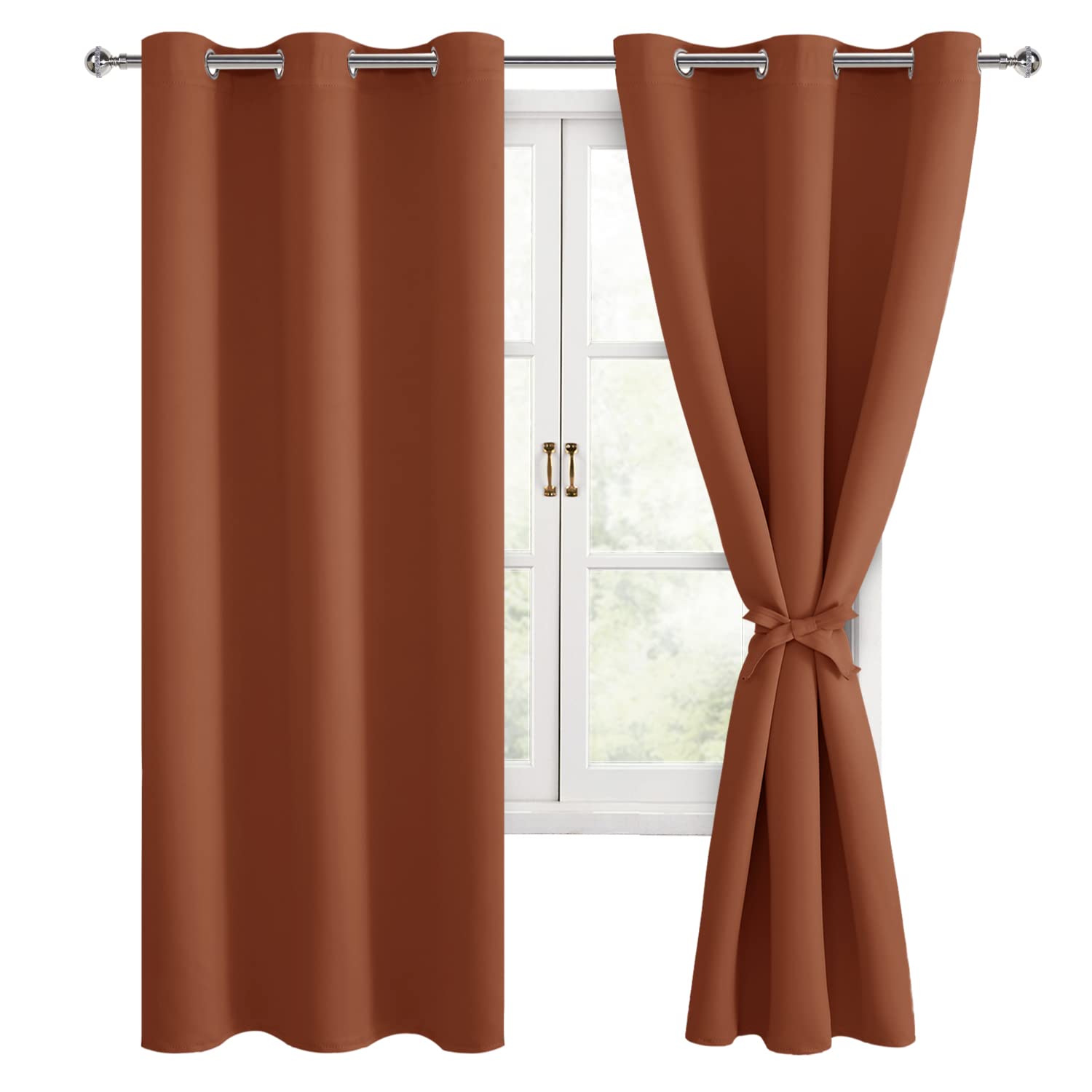 Hiasan Fall Blackout Curtains For Bedroom, 38 X 63 Inches Length - Thermal Insulated & Light Blocking Window Curtains For Living Room Home Decor, 2 Drape Panels Sewn With Tiebacks, Burnt Ochre