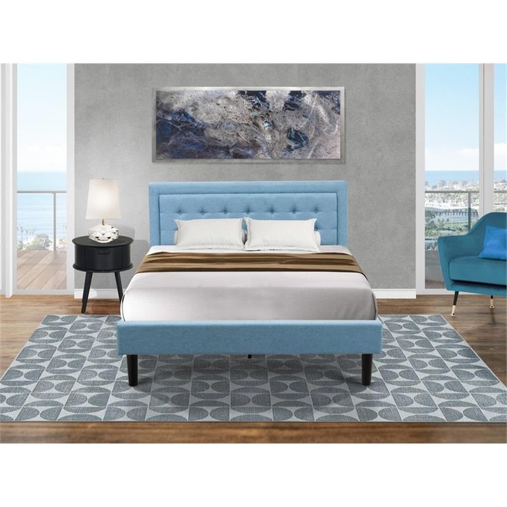 East West Furniture FN11Q-1GO15 2-Piece Platform Bedroom Furniture Set with 1 Platform Bed and a Wood Nightstand - Reliable and Durable Manufacturing - Denim Blue Linen Fabric