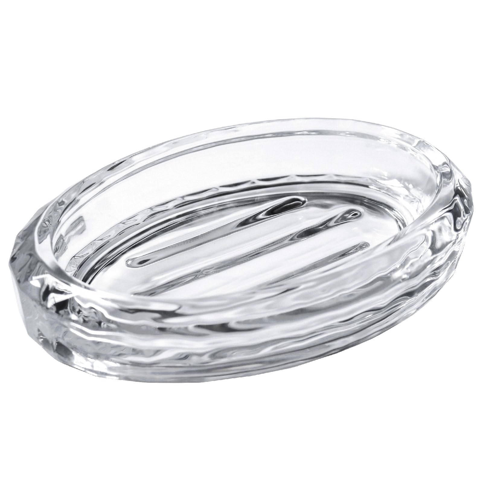 Clear Glass Soap Dish with Raised Ridges, Oval Heavy Bar Soap Holder for Bathroom Counter, Shower, Kitchen Sink