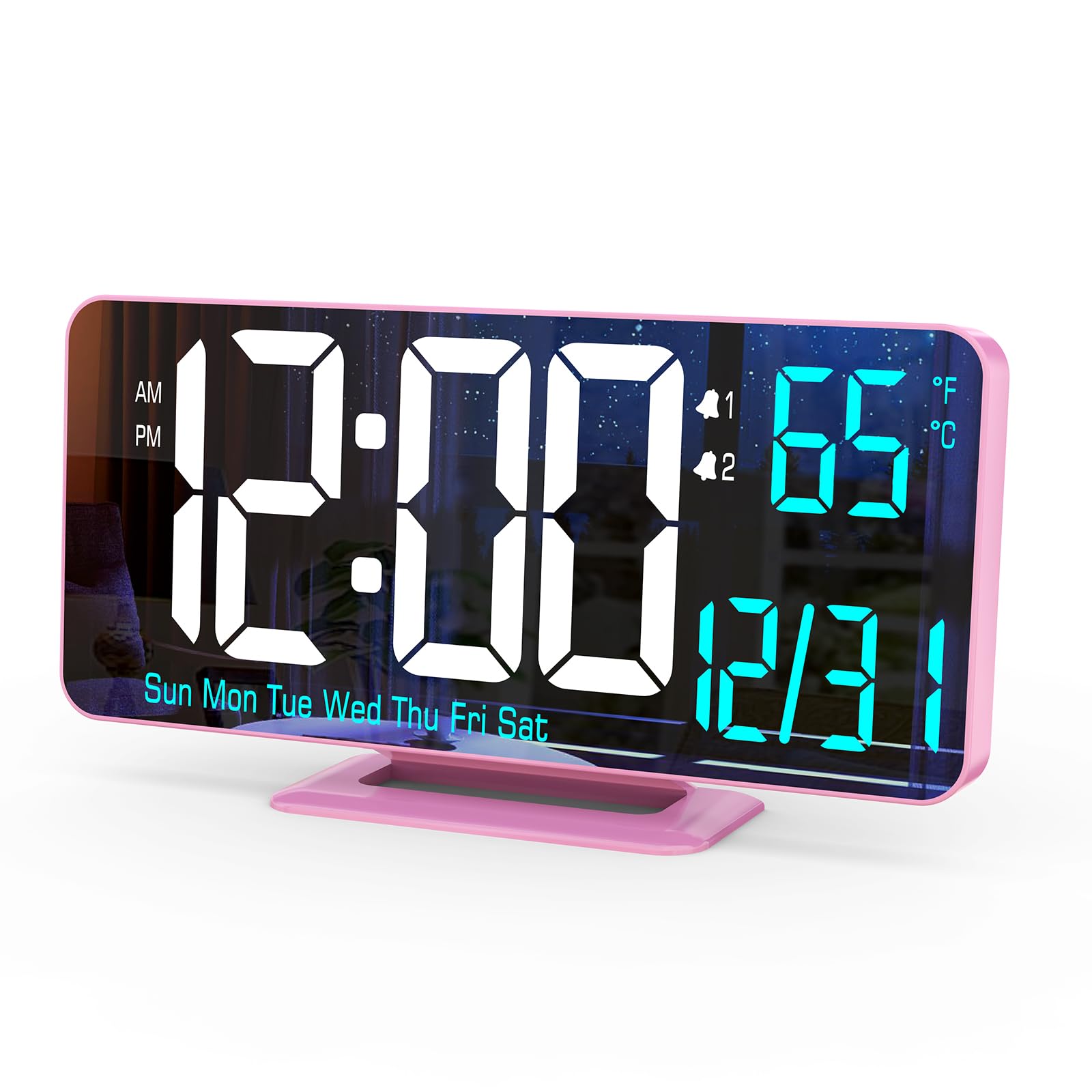 Pink Digital Clock for Bedroom 6.7in Dual Alarm Clock with Dimming, 12/24h, Seconds, Date, Day of Week, Temp, Desk Clock, LED Cl