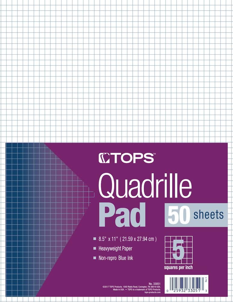 Tops Quadrille Pad, Gum-Top, 8-1/2 X 11 Inches, Quad Rule , White Paper, 50 Sheets Per Pad (33051)