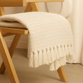 SAMAIR Decorative Knit Throw Blanket, Mustard Yellow Cotton with Tassels, Modern Waffle Texture for Living Room, Couch, Sofa (Be
