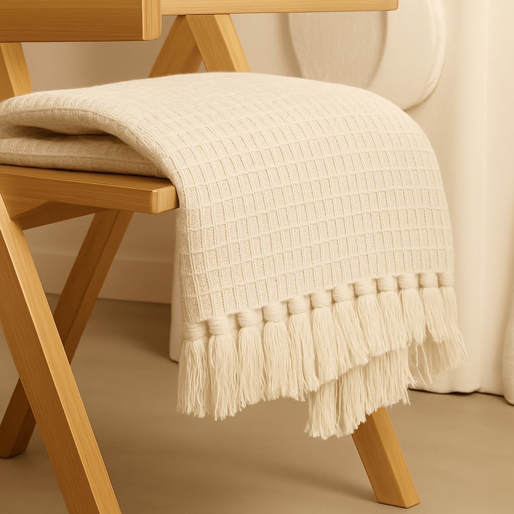 SAMAIR Decorative Knit Throw Blanket, Mustard Yellow Cotton with Tassels, Modern Waffle Texture for Living Room, Couch, Sofa (Be