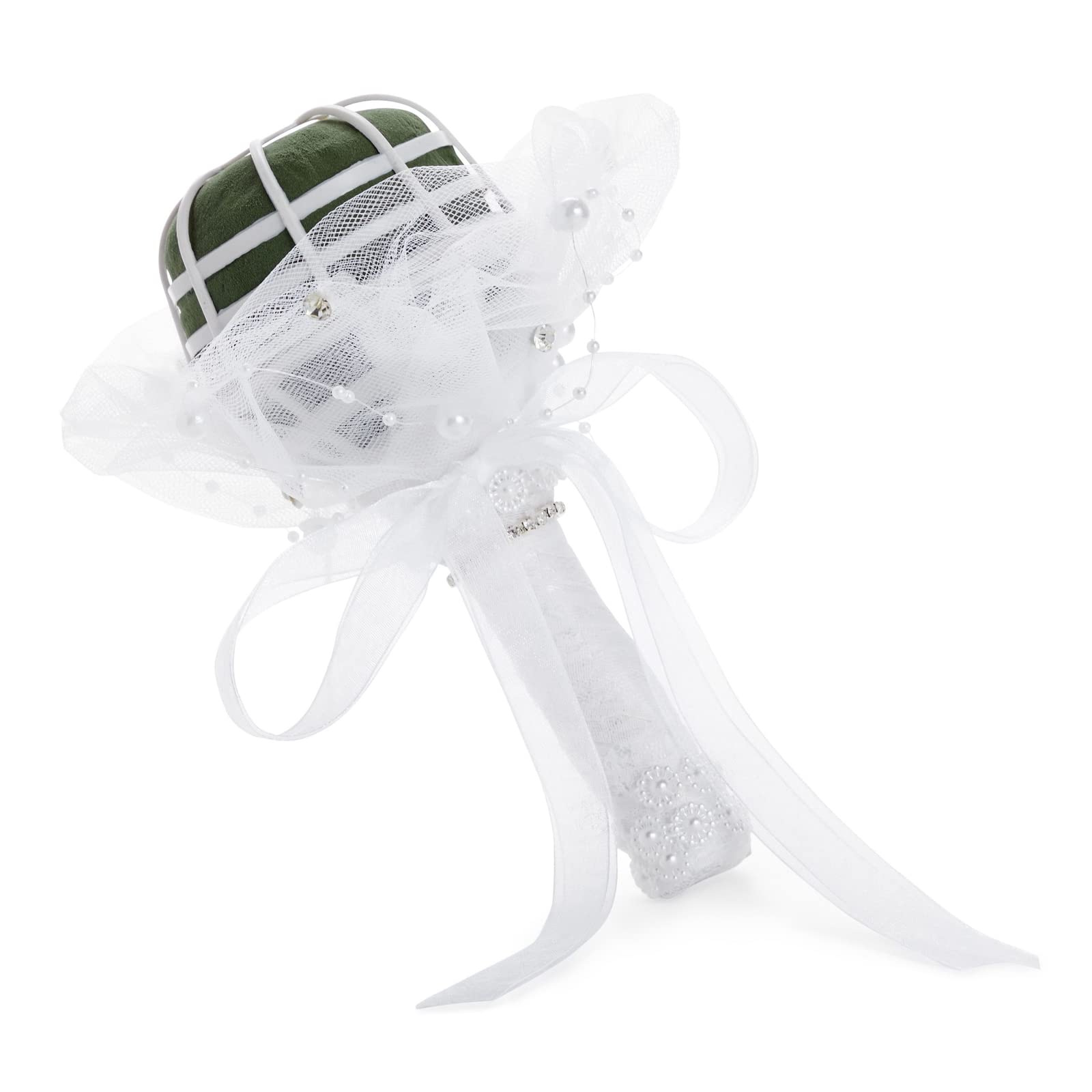 Foam Wedding Bouquet Holder for Fresh and Artificial Flower Arrangements with Lace and Rhinestones (3 x 7 in)