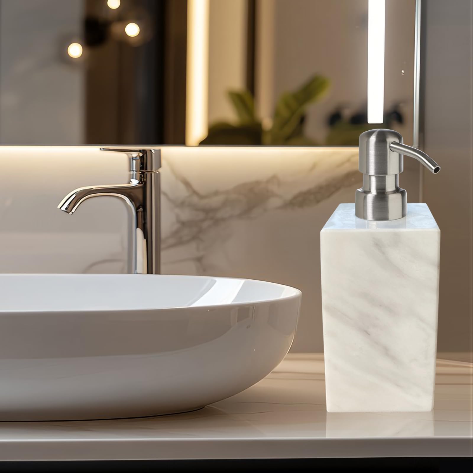 Hand Liquid&Lotion Soap Dispenser Pump Bottle Natural Marble For Kitchen Bathroom Countertop Laundry Room Holds Dish Soap Shampo