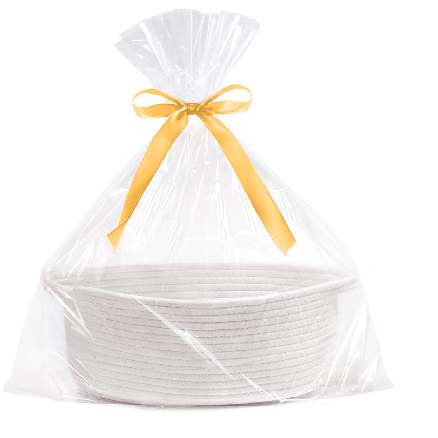 GIFTEXPRESS White Woven Gift Basket, Clear Cellophane Bag & Ribbon - 13' x 8' x 5' Cotton Rope Empty Decorative Gifting Baske