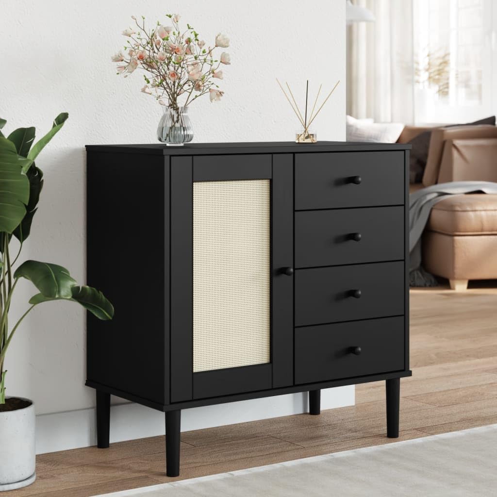 vidaXL SENJA Black Sideboard | Solid Pine Wood UV Varnish Finish | Rattan Look Door | Ample Storage Space | Compact Furniture for Living Room