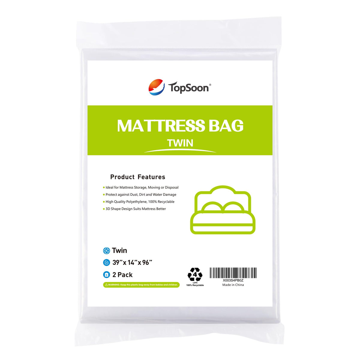 Topsoon 2Pk Mattress Bag – Clear Plastic Mattress Disposal Bag – Moving & Storage Cover For Mattress Or Box Spring – Heavy-Duty Mattress Moving Supplies (1.5Mil,Twin 39' X 14' X 96')