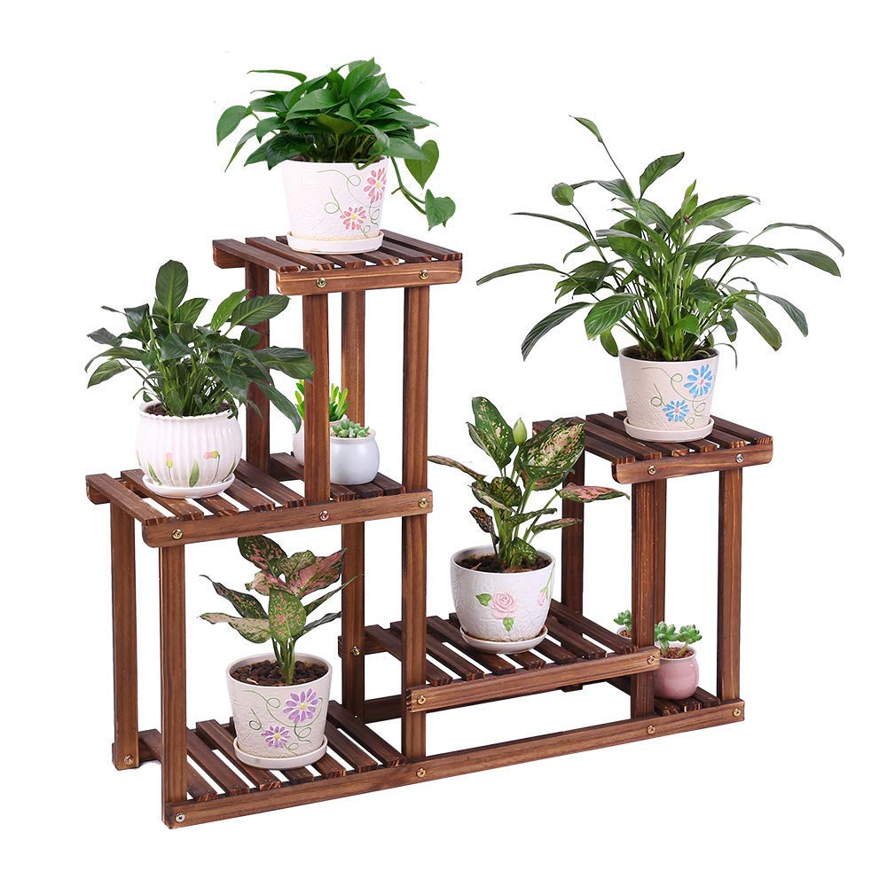 Coogou Pine Wood Plant Stand Indoor Outdoor Multi Layer Flower Shelf Rack Higher And Lower Plant Holder In Garden Balcony Patio
