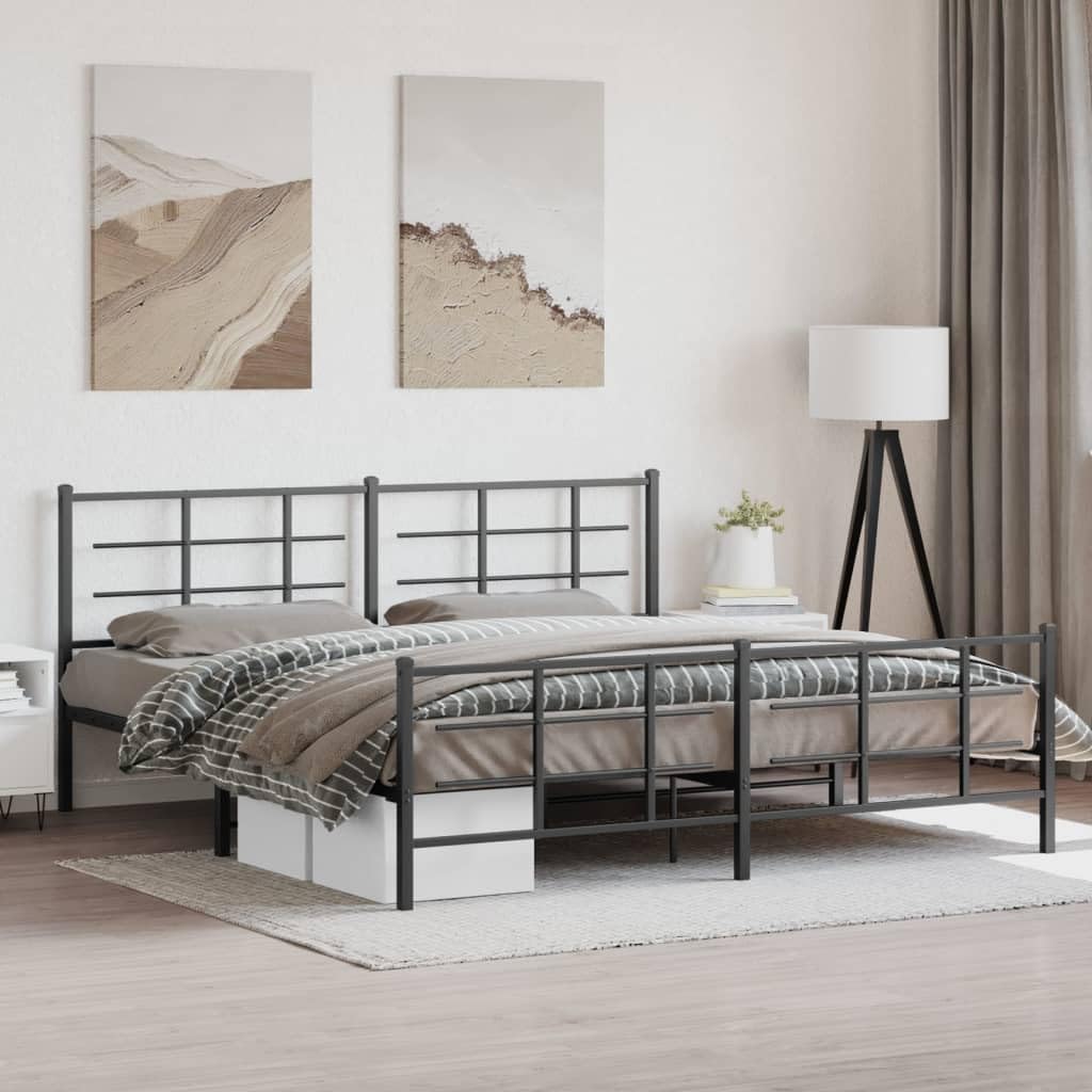 vidaXL King Metal Bed Frame with Headboard/Footboard - Black, 76"x79.9" Steel Slatted Base for Bedroom Stability and Under-Bed Storage