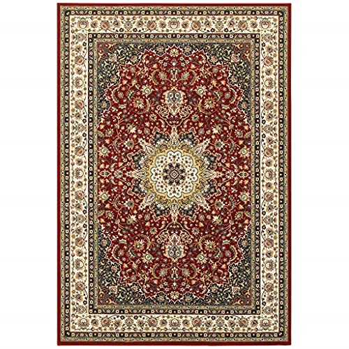 HomeRoots Polypropylene 7' x 10' Red Ivory Machine Woven Oriental Indoor Area Rug