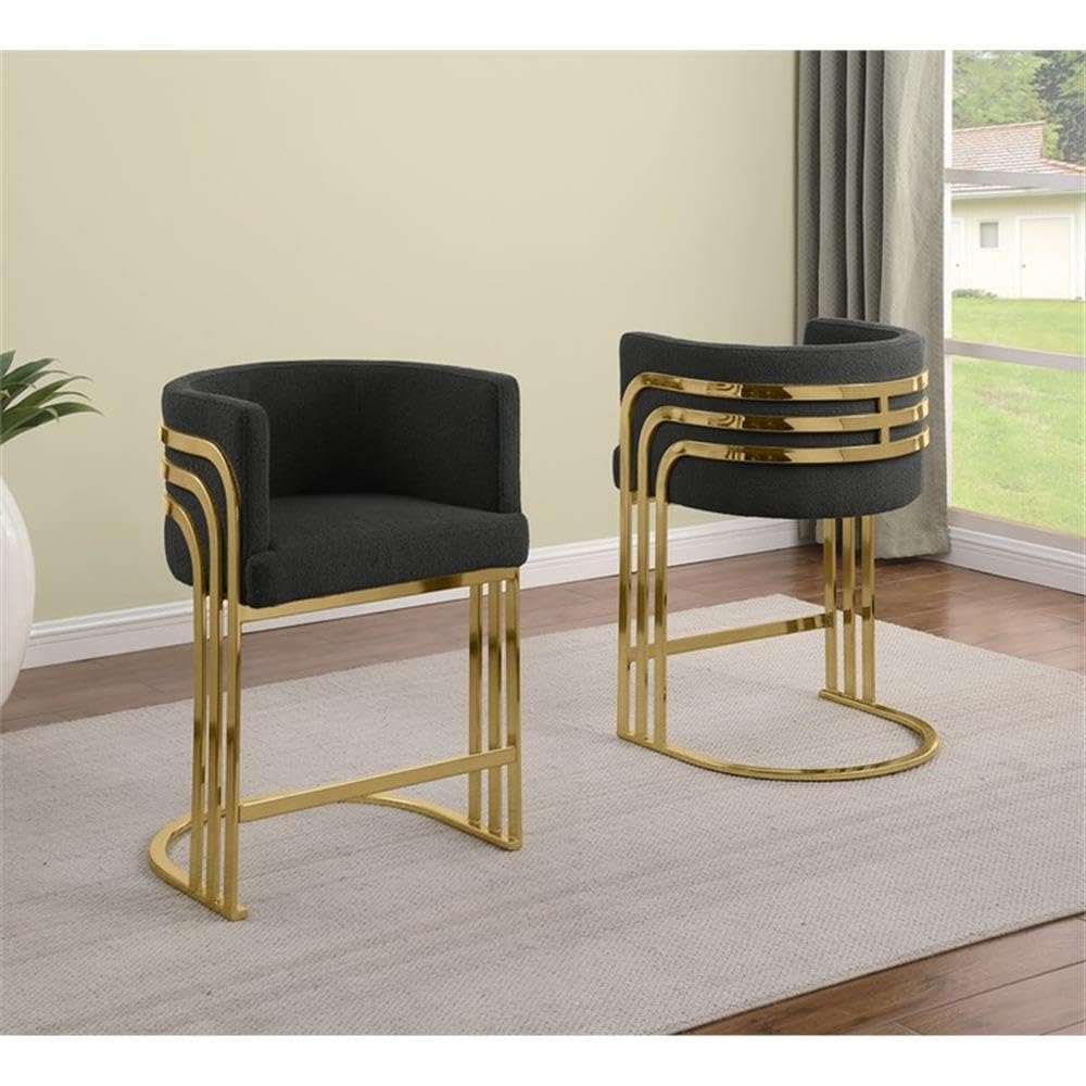Best Quality Furniture Modern Teddy Fabric Bar Stools with Chrome Legs - Black - Elegant Barrel Design with Gold Frame - Set of 2 - Perfect for Dining Room, Bar, Office, or Living Room