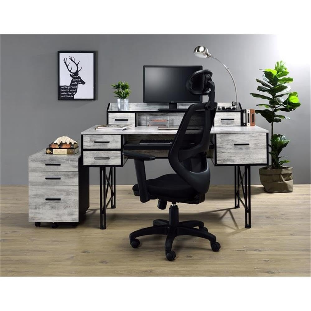 Acme Safea Wooden Storage Computer Desk in Antique White and Black