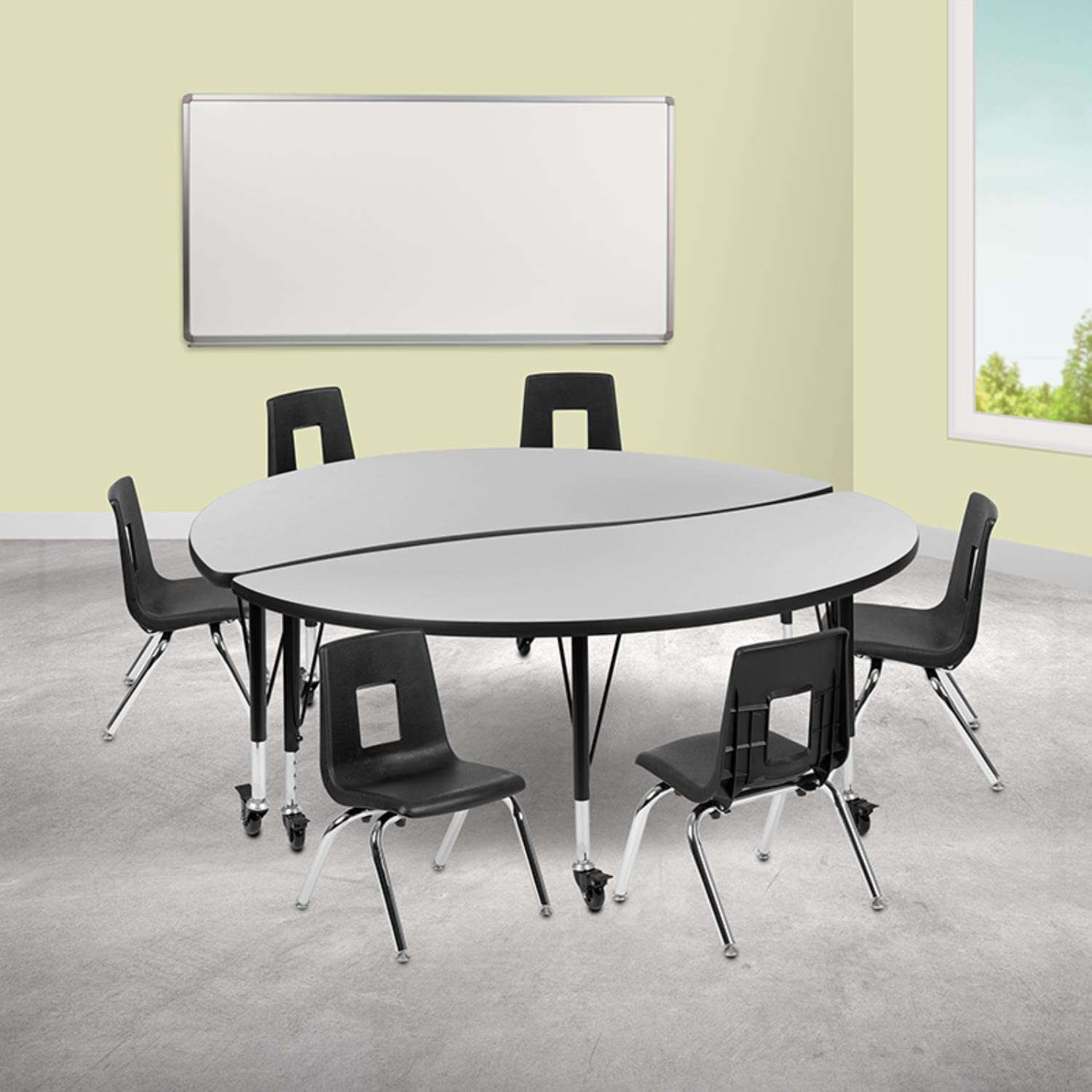 Flash Furniture Mobile 60" Circle Wave Collaborative Laminate Activity Table Set With 14" Student Stack Chairs, Grey/Black
