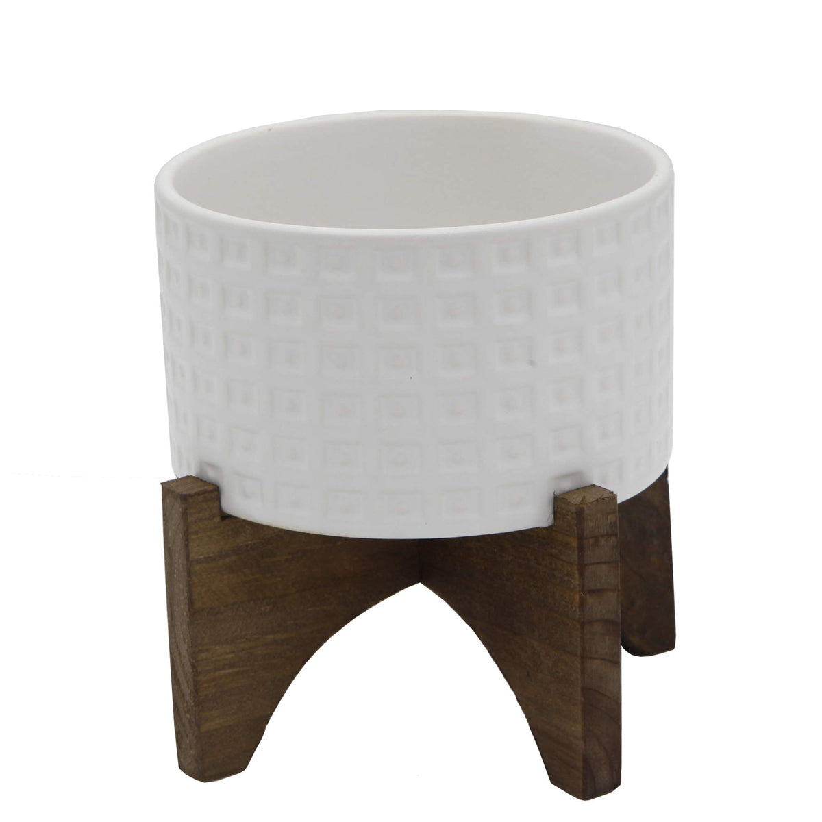 Flora Bunda Mid Century 4.75 Inch Ceramic Gladiator Planter On Wood Stand,Matte White