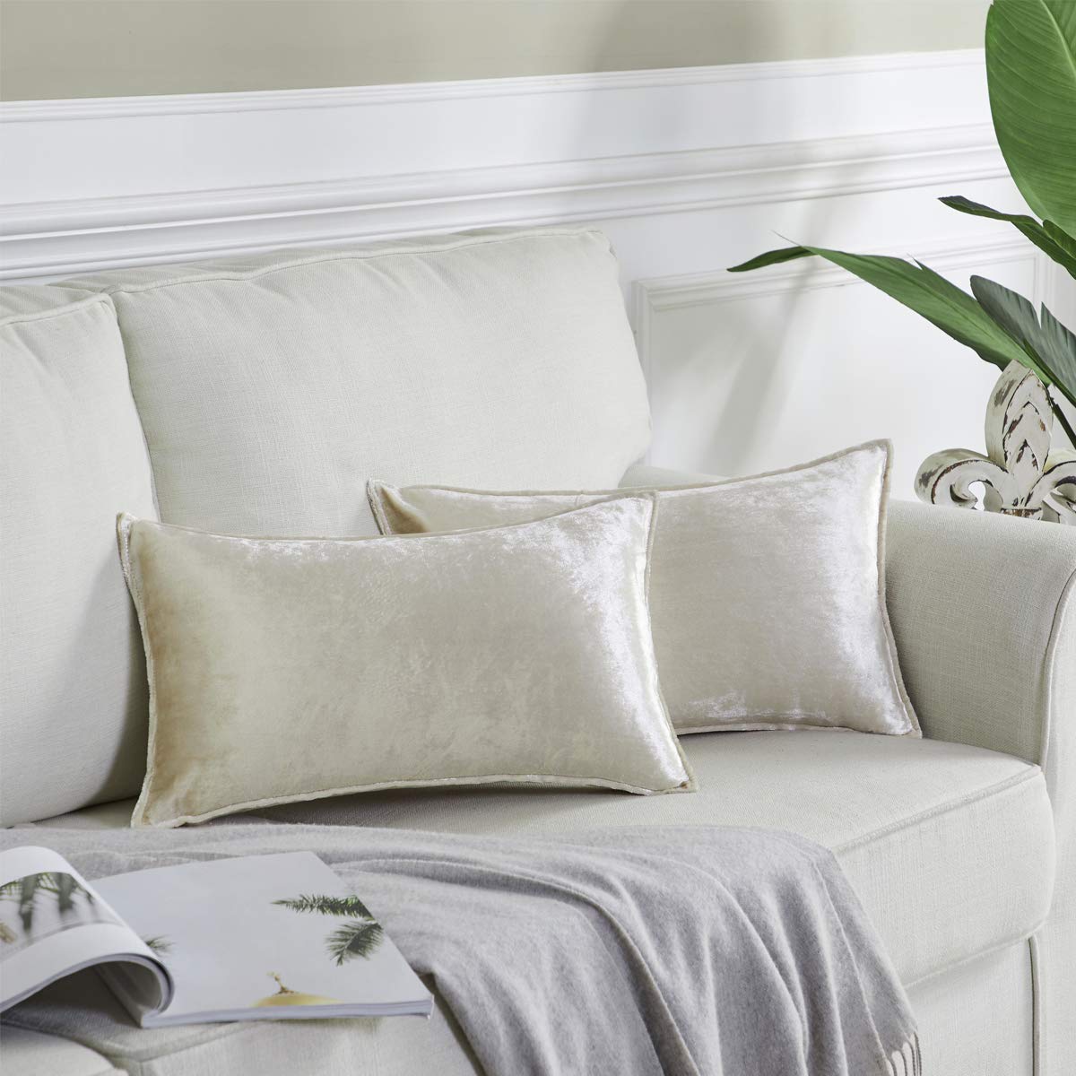 Gigizaza Velvet Decorative Lumbar Throw Pillow Covers 12X20 Ivory Oblong Couch Sofa Pillow Covers Pack Of 2