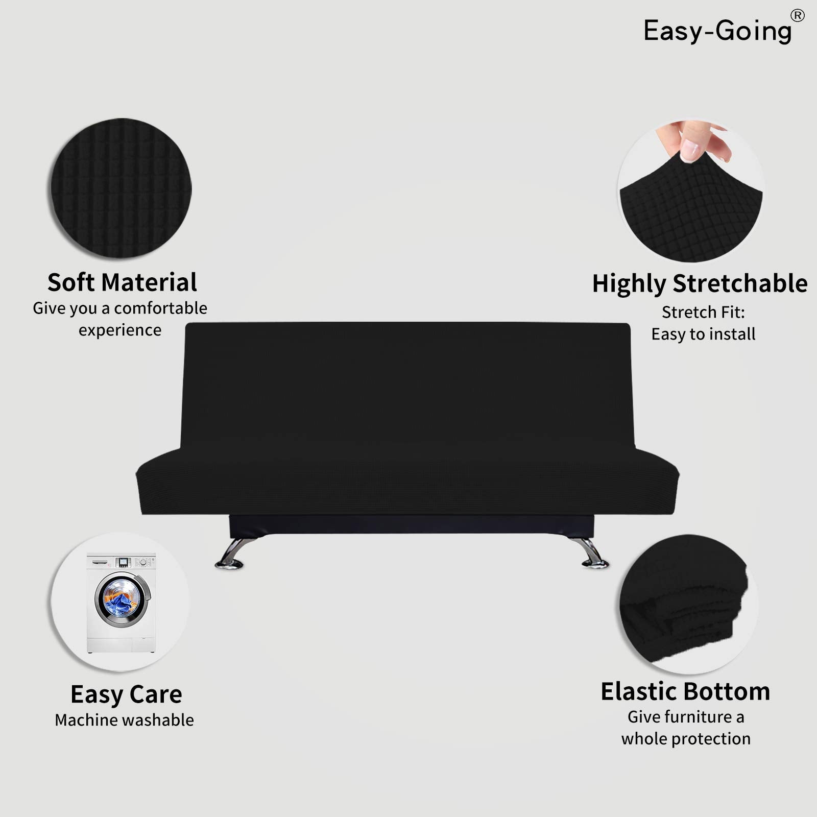 Easy-Going Stretch Futon Slipcover Armless Futon Bed Cover Furniture Protector Without Armrests With Elastic Bottom For Kids, Soft Jacquard Fabric Small Checks (Large, Black)