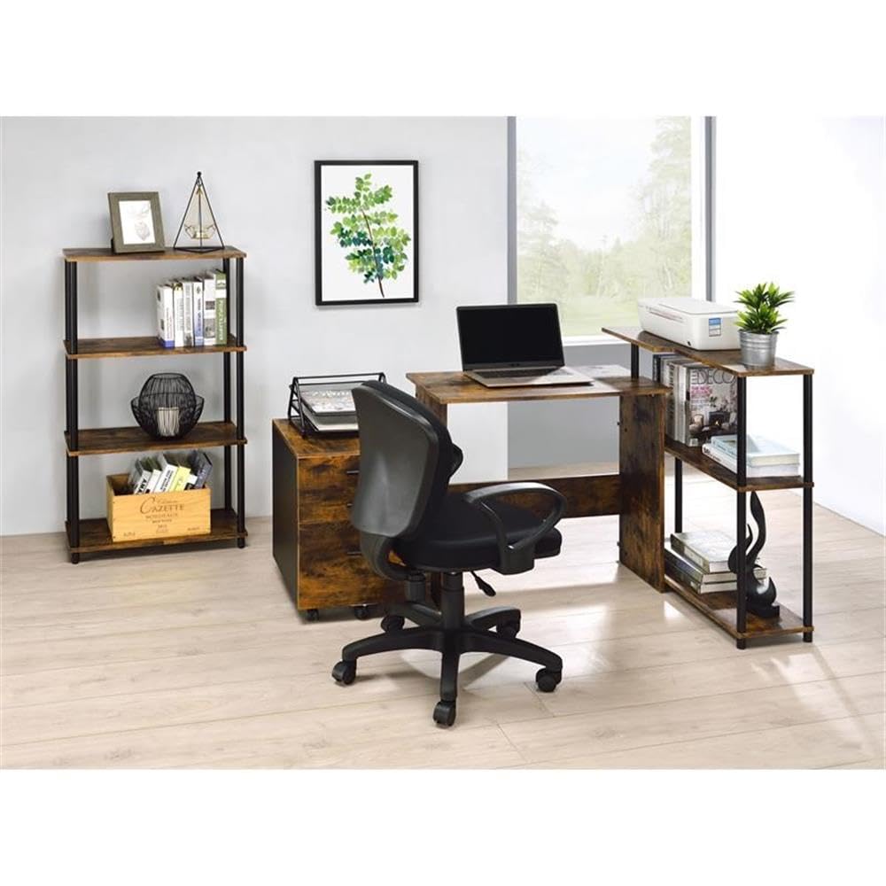 Acme Ievi Wooden Top Writing Desk with Bookcase in Weathered Oak and Black