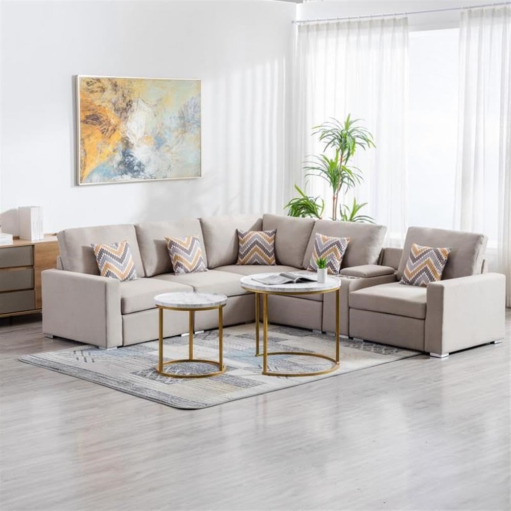 Lilola Home Nolan Beige Linen Fabric 6Pc Reversible Sectional Sofa with a USB, Charging Ports, Cupholders, Storage Console Table and Pillows and Interchangeable Legs