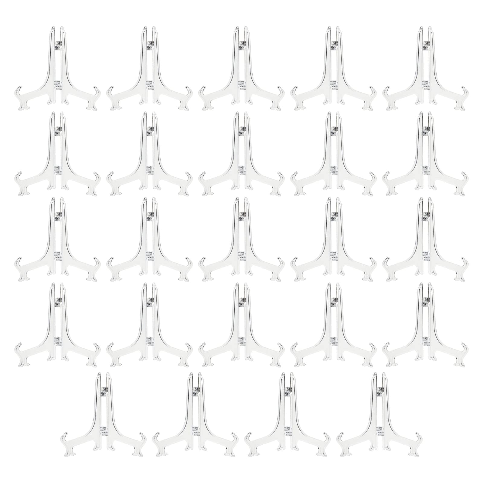 Juvale 24 Pack Small Easel Stand for Mini Decorative Plates, Clear Display Holders for Signs, Greeting Cards, Place Cards, Photo