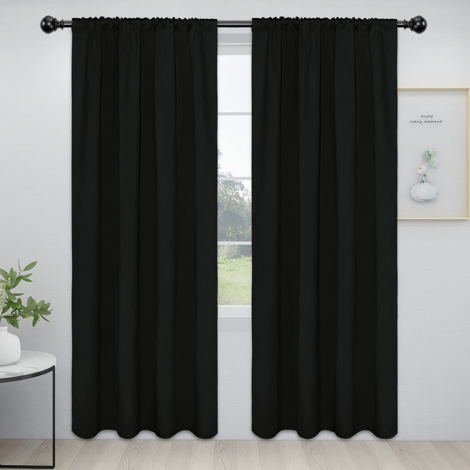 Easy-Going Rod Pocket Blackout Curtains For Bedroom, Room Darkening Window Curtains For Living Room, Thermal Insulated Noise Reduction Solid Window Drapes, 2 Panels(42X84 In, Black)