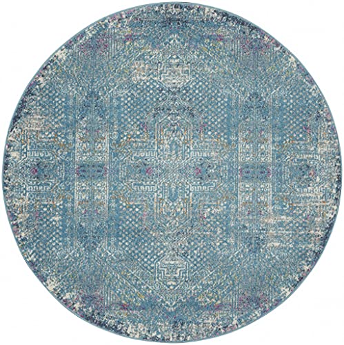 HomeRoots 100% Polypropylene 4’ Round Blue Distressed Medallion Area Rug
