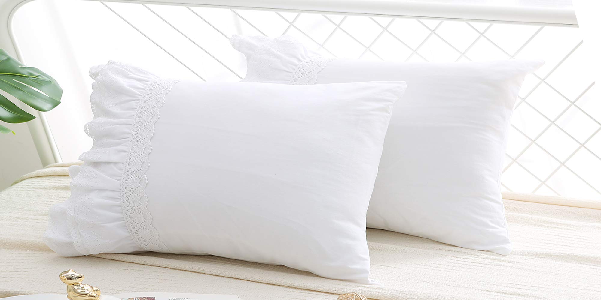 Meaning4 2-Pack Lace Pillow Shams Cases Covers With Ruffles Bright White Egypt Cotton Standard Size 20'X26' Luxury Elegant Twi