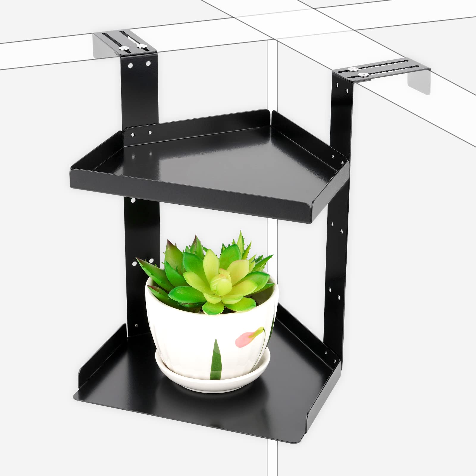 Olpchee Office Cubicle Shelf Storage Organizer Accessories Height Adjustable Cubicle Corner Shelf With Hooks (Black, Double Laye