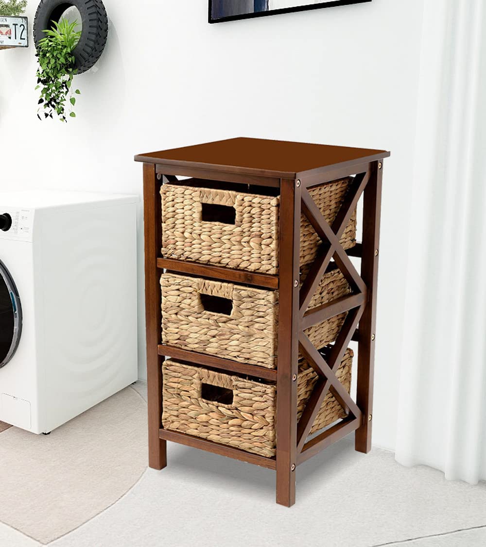 eHemco 3-Tier Walnut X-Side Storage Cabinet with 3 Wicker Baskets, 14D x 14W x 25H, Stylish Organizer for Home & Office