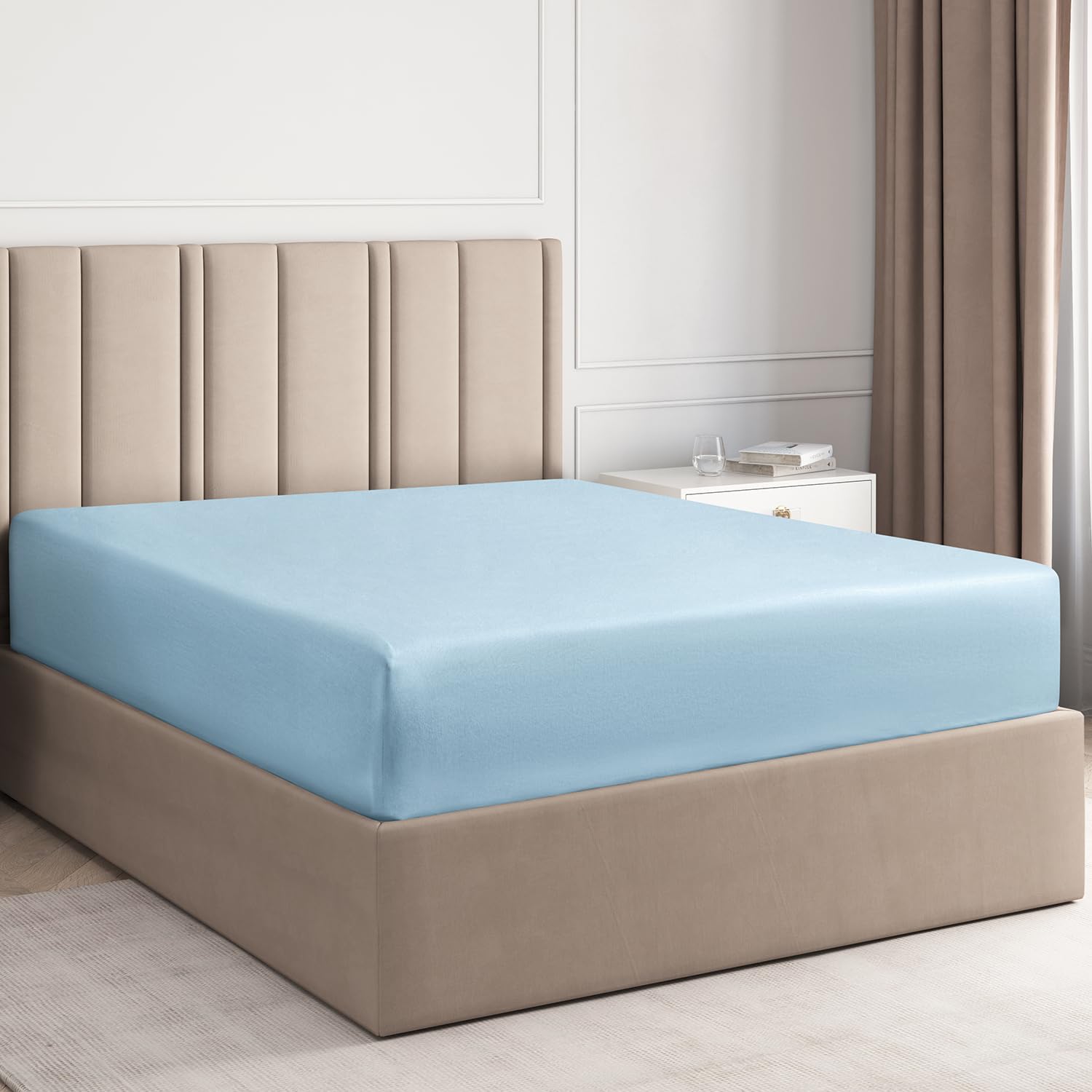 Full Size Fitted Bed Sheet - Hotel Luxury Single Fitted Sheet Only - Fits Mattress Up To 16' - Extra Soft, Wrinkle Free, Breathable Sheet For Women, Men, Kids & Teens - Light Blue Single Fitted Sheet