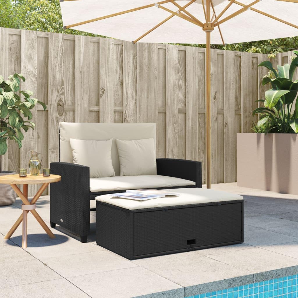 vidaXL 2 Seater Garden Sofa with Cushions, Outdoor Seat, Loveseat, Patio Terrace Balcony Furniture, Black Synthetic Rattan