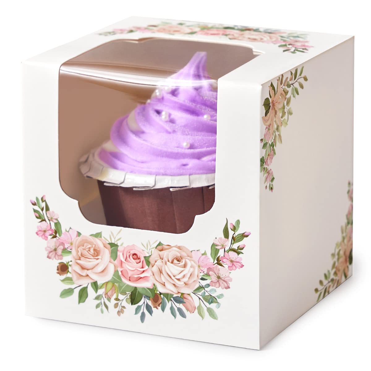Shallive Pink Floral Mothers Day Cupcake Boxes Individual 60 Pcs Printed With Pink Flowers With Insert And Window, 35 Single Cup