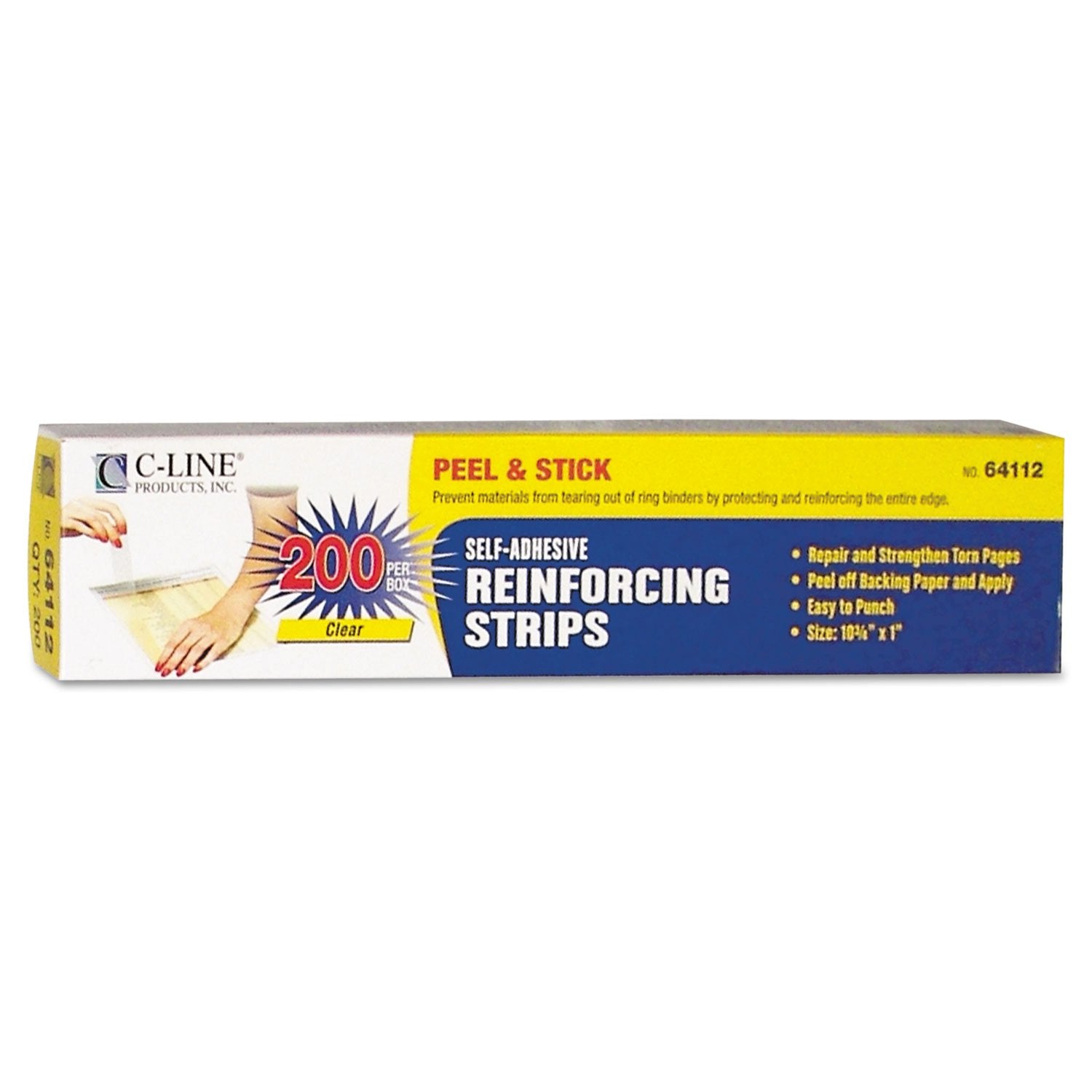 C-Line 64112 Self-Adhesive Reinforcing Strips, 10 3/4 X 1, 200/Bx