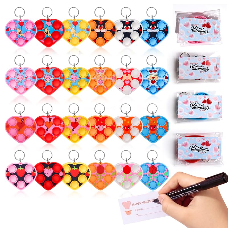 24 Packs Valentine Present Wrapped Mini Heart fidgets Bubble Toys and Greeting Card for Kids Children Classroom Students Gifts f