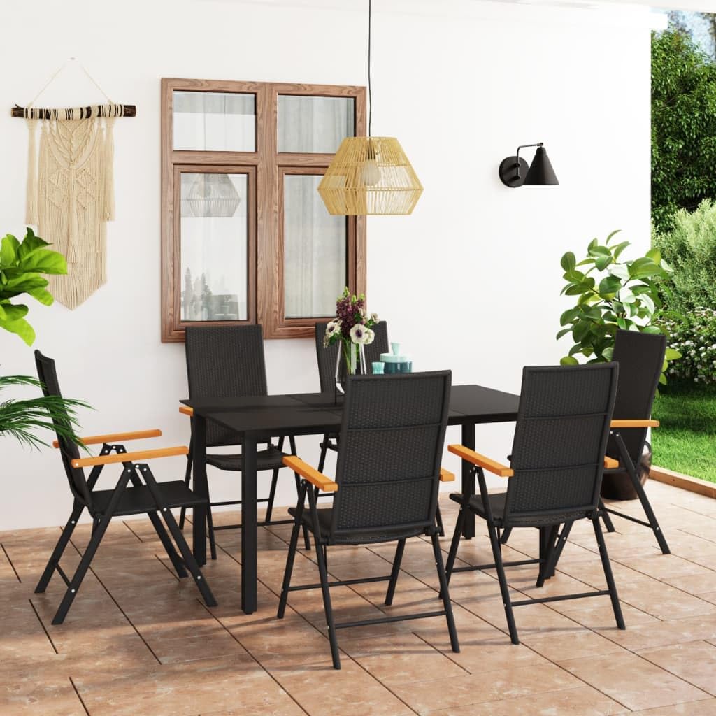 vidaXL Outdoor Dining Set - 7-Piece, Weather-Resistant PE Rattan Construction, Stylish Mix of Black and Brown, Comfortable Reclining Chairs, Glass Tabletop, Suitable for Patio/Garden/Terrace