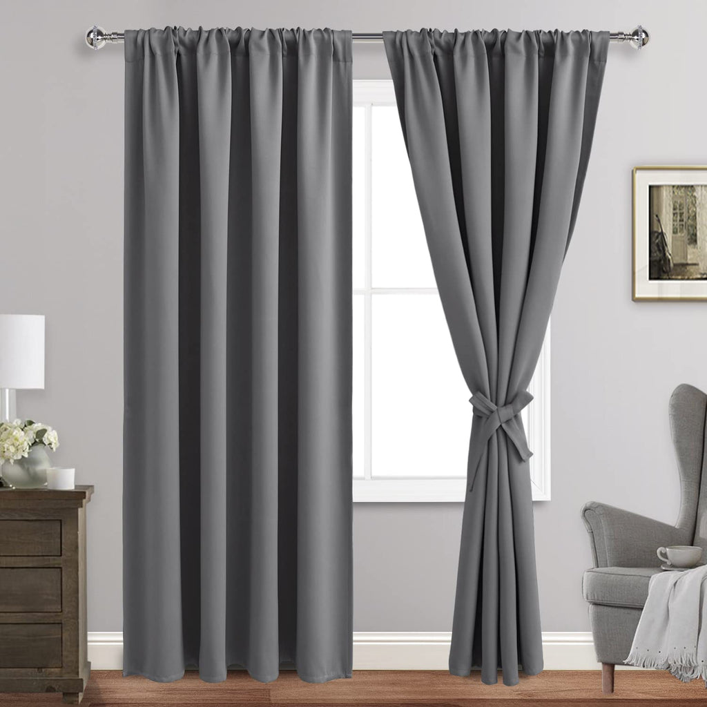 Jiuzhen Blackout Curtains For Bedroom - Thermal Insulated Room Darkening Noise Reducing, 52 X 84 Inch Length Curtains For Living Room, Set Of 2 Panels With Tiebacks, Light Grey