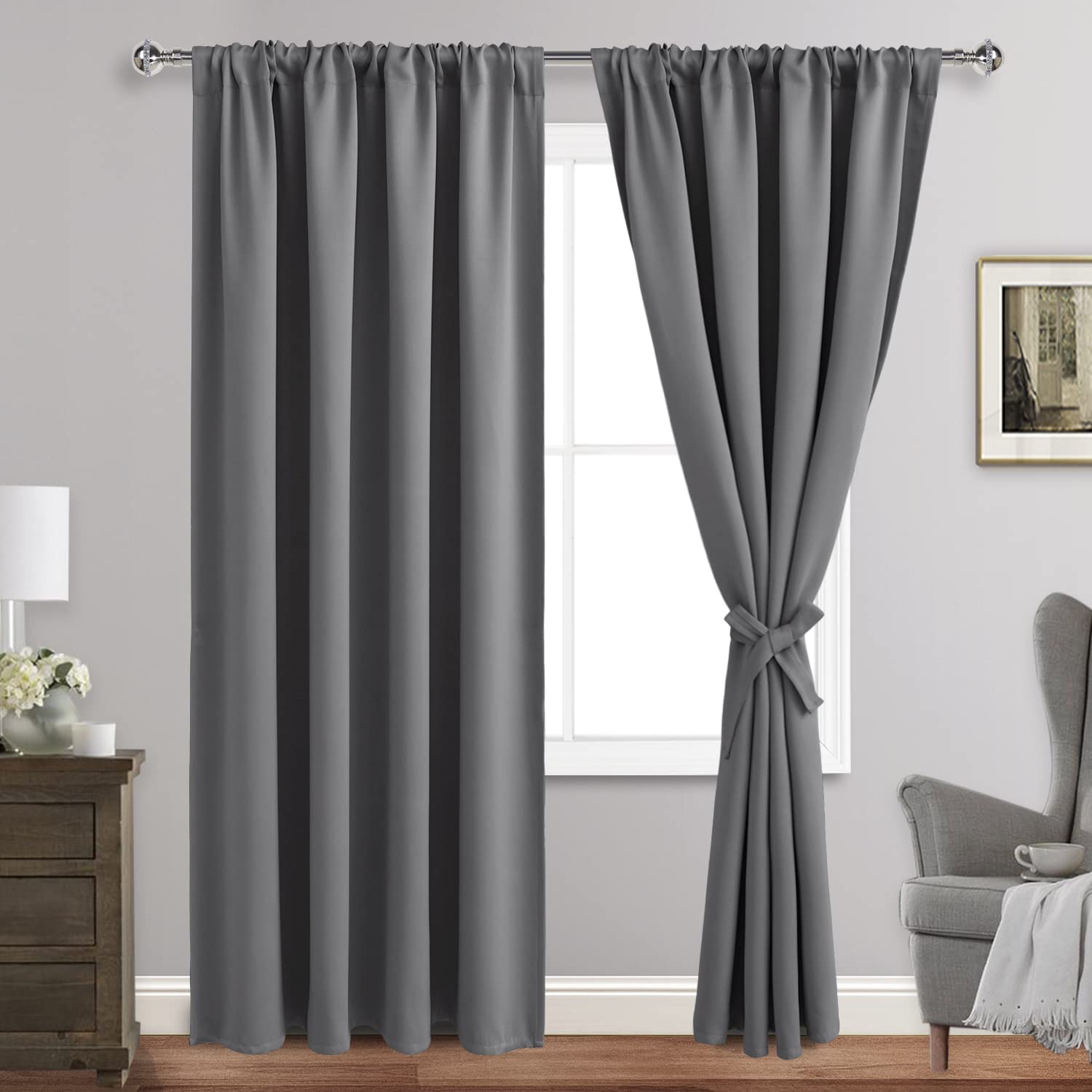 Jiuzhen Blackout Curtains For Bedroom - Thermal Insulated Room Darkening Noise Reducing, 52 X 84 Inch Length Curtains For Living Room, Set Of 2 Panels With Tiebacks, Light Grey