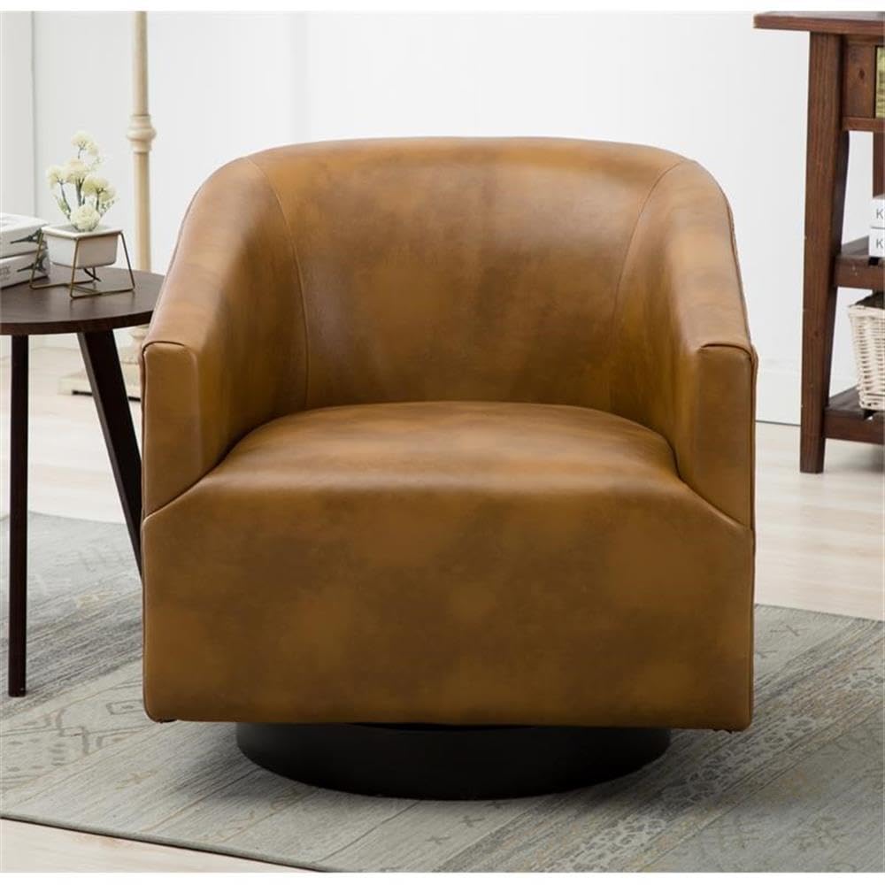 Comfort Pointe Gaven Camel Brown Wood Base Faux Leather Swivel Chair