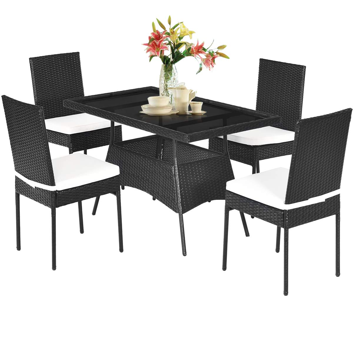Tangkula 5 Piece Wicker Patio Dining Set, Outdoor Rattan Table & Chairs Set With Tempered Glass Top & Padded Cushions, Patio Furniture Dining Table Set For Balcony Patio Garden Poolside