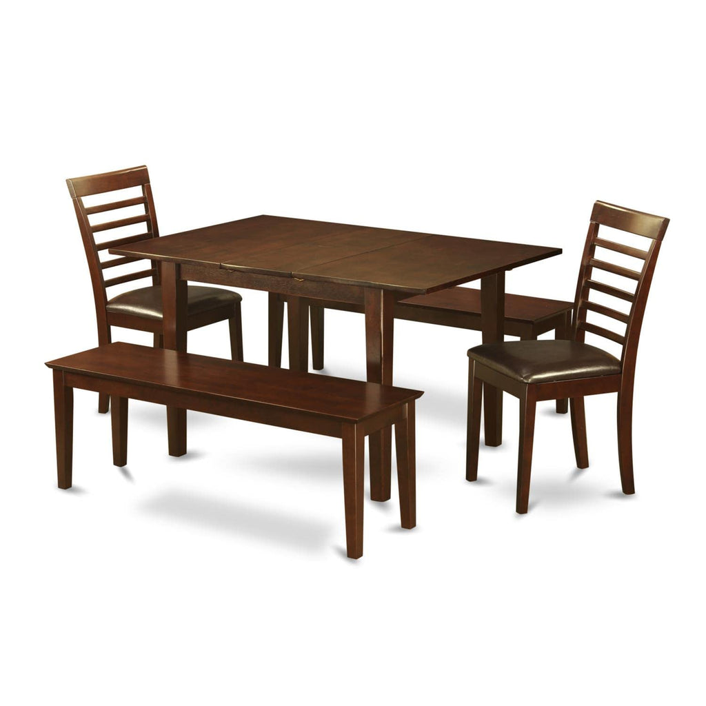 East West Furniture MILA5D-MAH-LC Milan 5 Piece Dinette Set Includes a Rectangle Table with Butterfly Leaf and 2 Faux Leather Dining Room Chairs with 2 Benches, 36x54 Inch