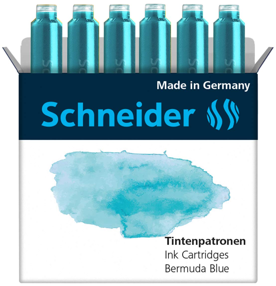 Schneider Ink Cartridge Pastel, Standard Format, Ball Closure, Refill For Fountain And Cartridge Rollerball Pens, Bermuda Blue I