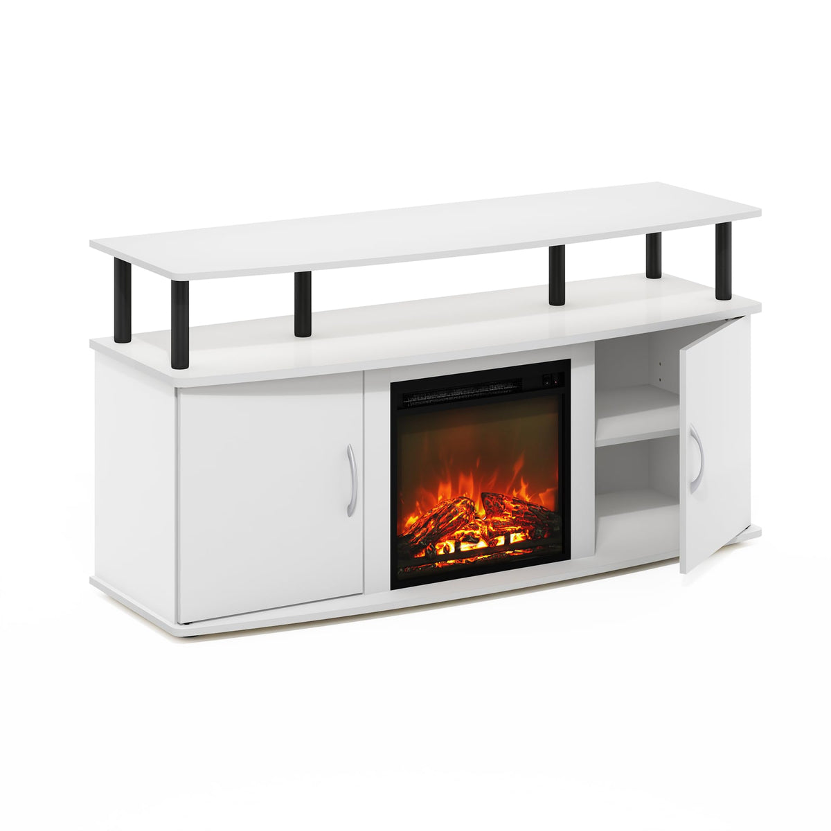 Furinno Jensen Living Room Fireplace Tv Entertainment Center With Doors Storage Cabinet For Tv Up To 55 Inch, Solid White/Black