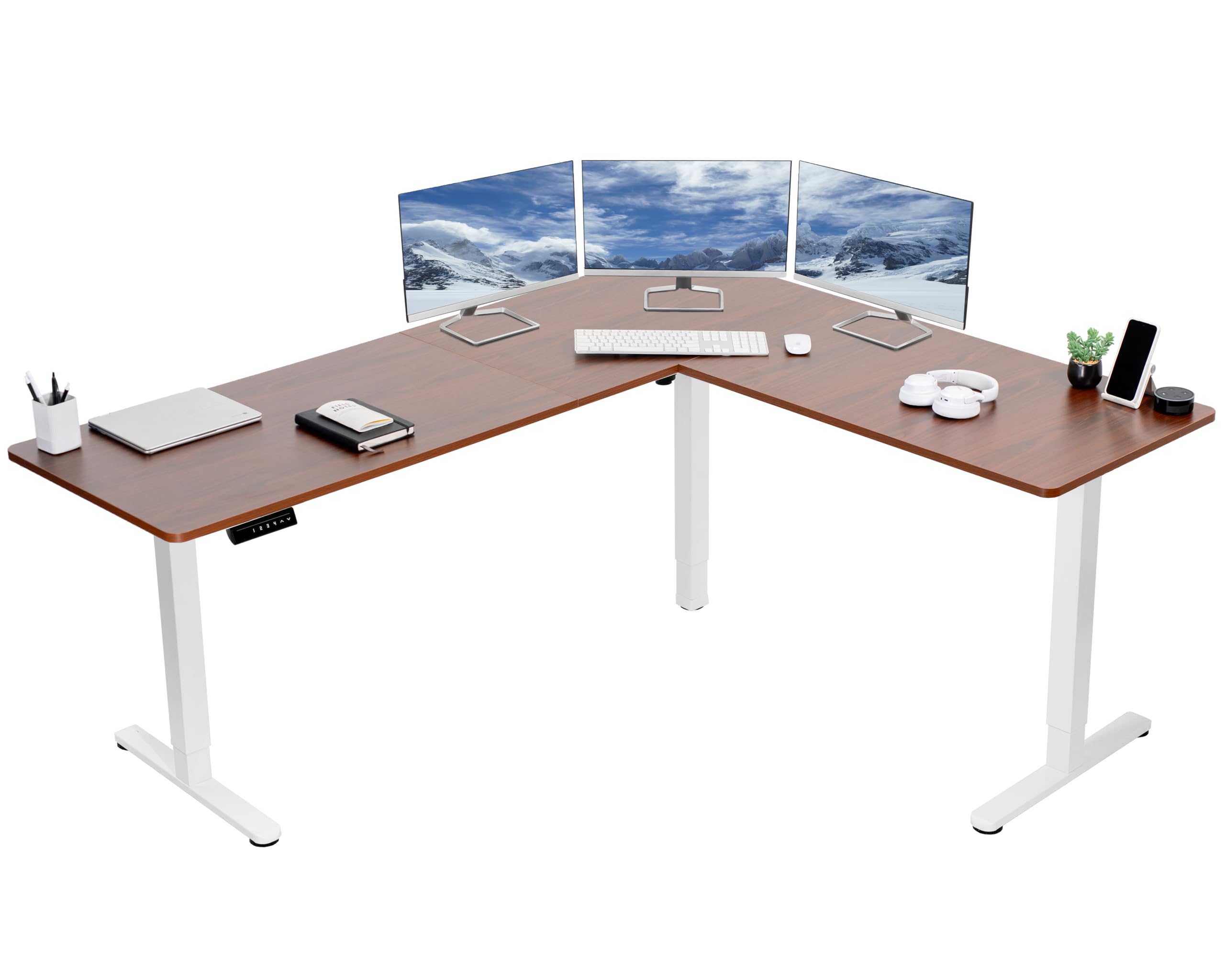 VIVO Electric Corner 75 x 63 inch L-Shaped Standing Desk, Memory Height Adjustment, Dark Walnut Top White Frame, DESK-E3CTWD-75
