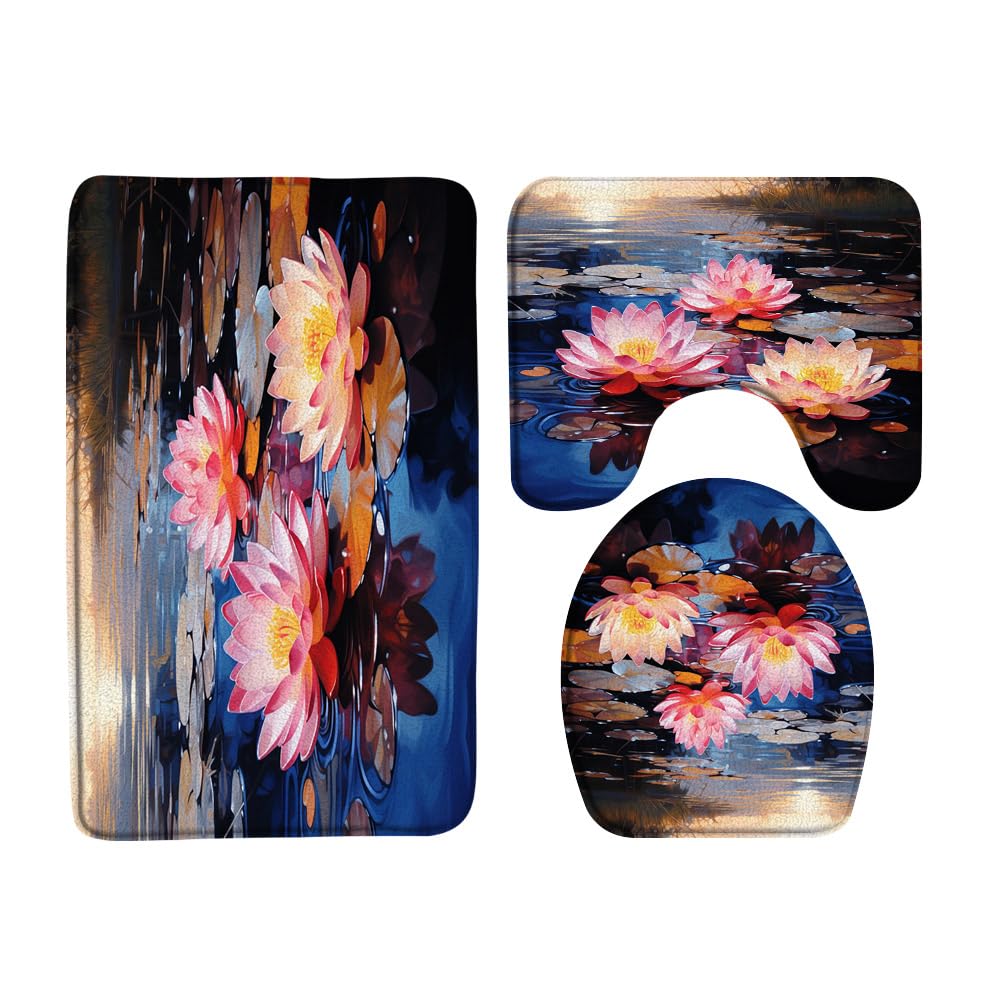 3PCS Pink Lotus Bath Mat Set Water Lily Floral Green Leaves Reflect in Water Glass Lake Sunset Forest Bathroom Kitchen Floor Mat