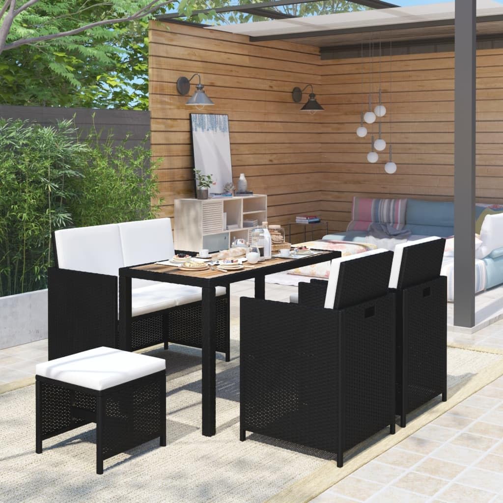 vidaXL Patio Dining Set 6 Piece, Patio Dining Table Set with Wood Tabletop, Rattan Chairs with Cushions, Outdoor Furniture Set, Rattan and Wood Black