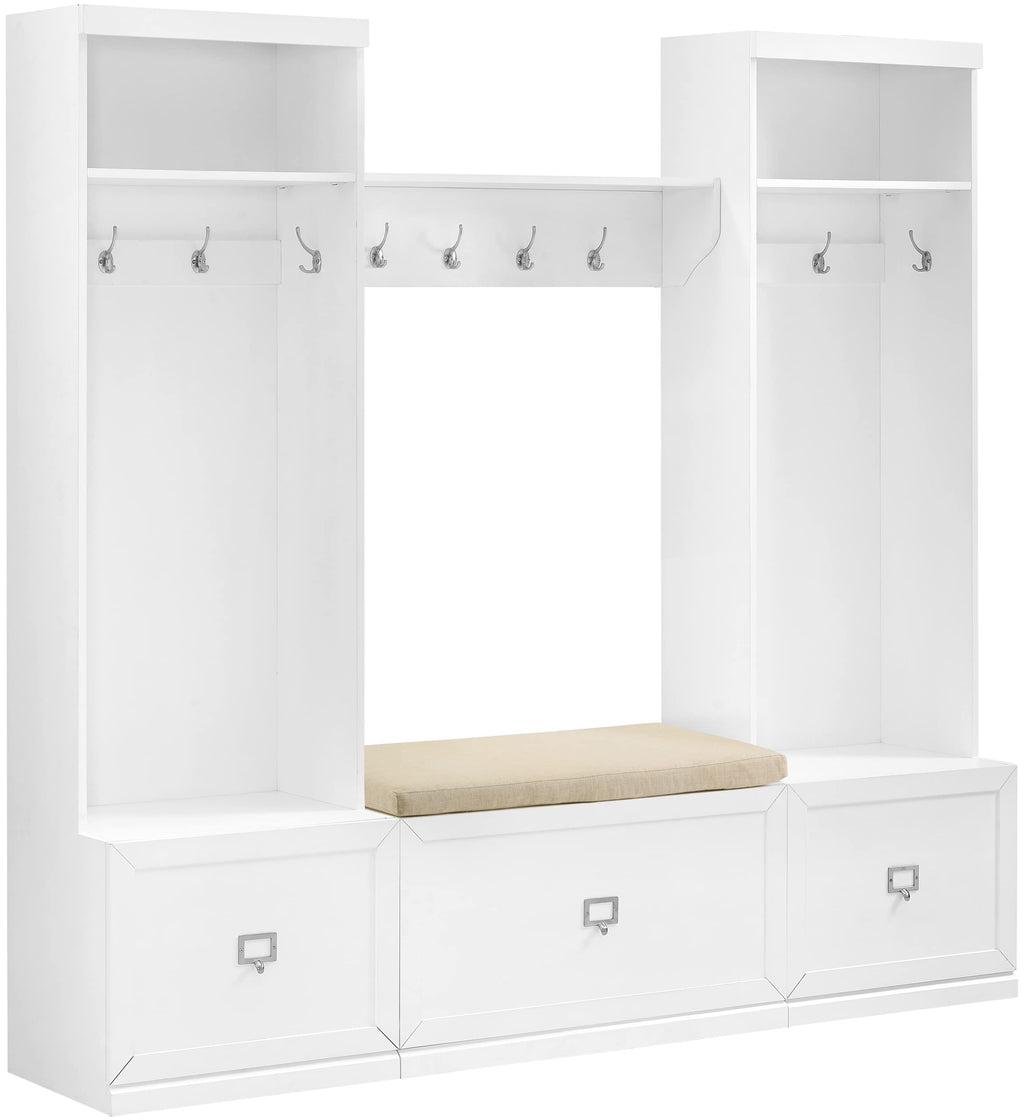 Crosley Furniture Harper 4-Piece Hall Tree, Storage Bench, And Wall Shelf Set With Coat Rack Hooks For Hanging, White