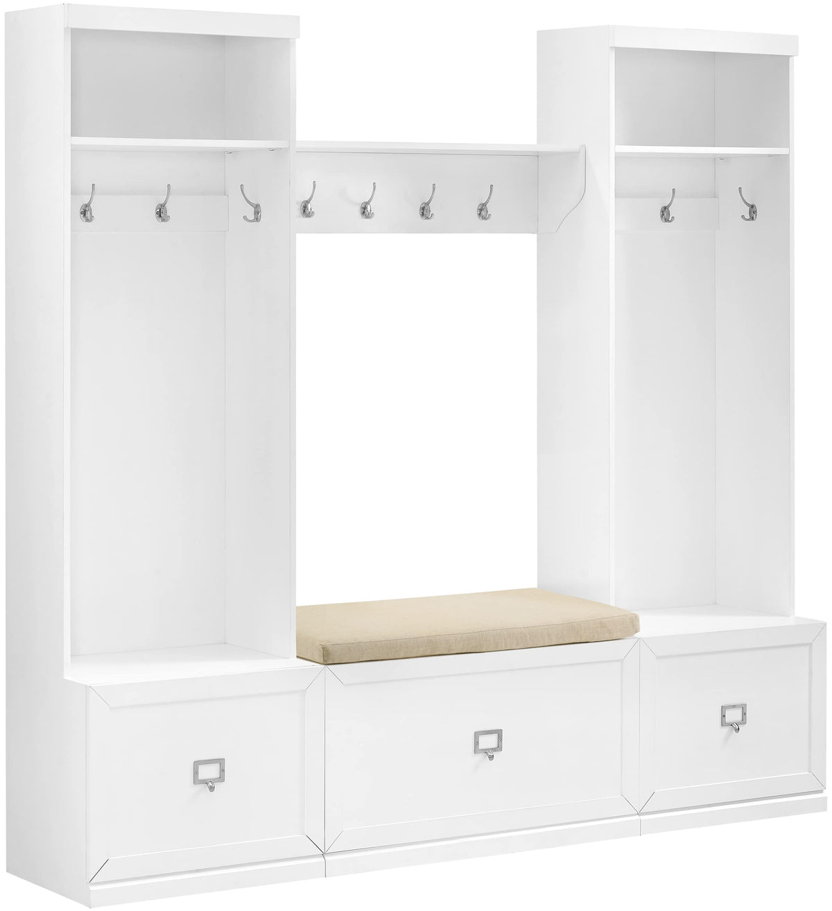 Crosley Furniture Harper 4-Piece Hall Tree, Storage Bench, And Wall Shelf Set With Coat Rack Hooks For Hanging, White