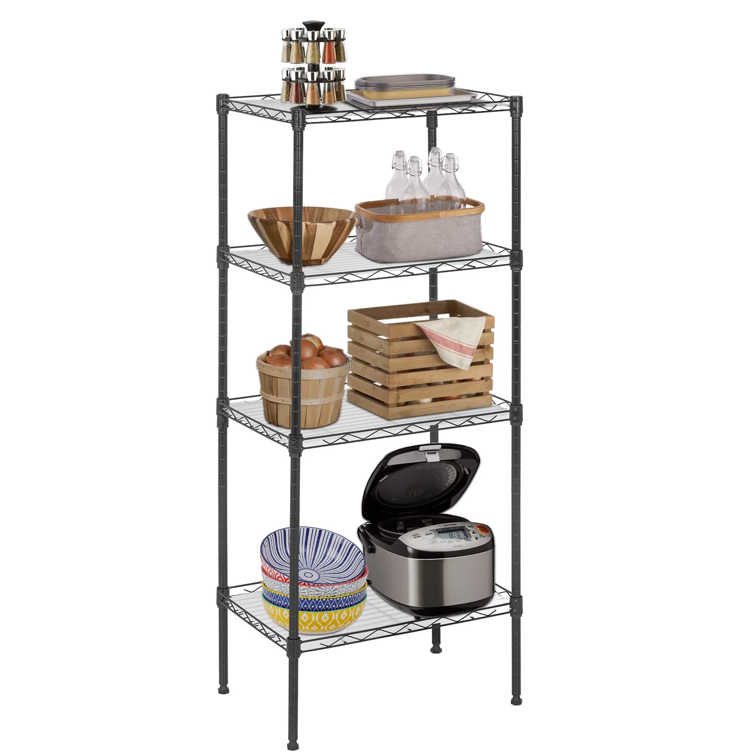 FDW 18L x 12W x 44H Wire Shelves Metal Shelf with 4 PP Sheets Storage Shelves 4 Tier Layer Storage Shelves for Laundry Bathroom 